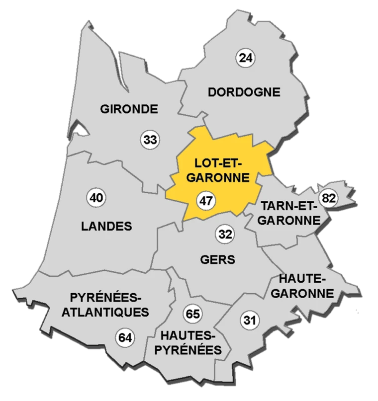 Carte de la zone d'intervention de Brisse Les Charpentiers : neuf départements autour du Lot-et-Garonne (47), Dordogne, Gironde, Landes, Gers, Tarn-et-Garonne, Haute-Garonne, Pyrénées-Atlantiques et Hautes-Pyrénées